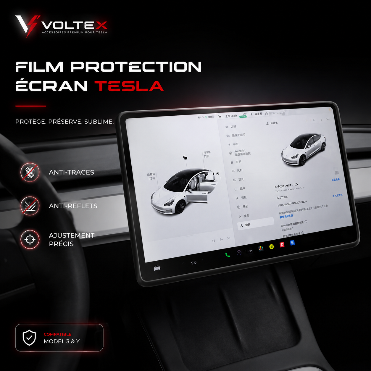 Film Protection Écran Tesla avant et arrière | Anti-traces & Anti-reflets | Voltex
