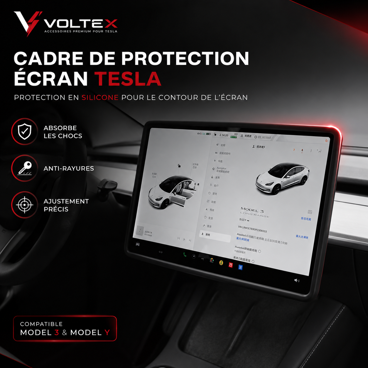Cadre protection écran Tesla Model 3/Y – Silicone anti-chocs