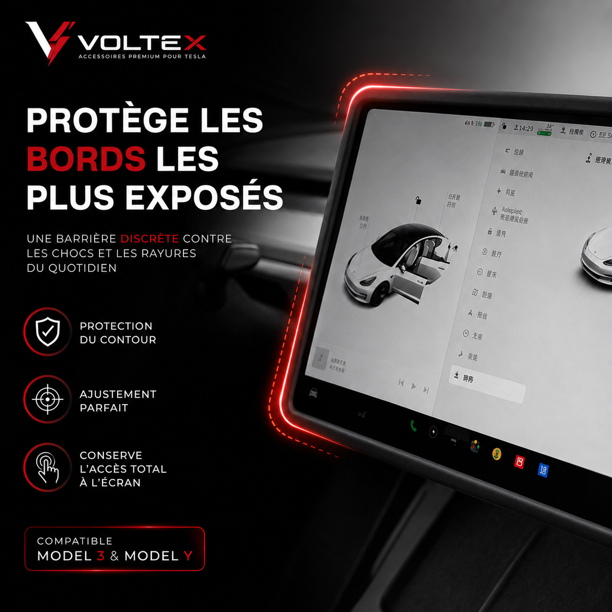 Cadre protection écran Tesla Model 3/Y – Silicone anti-chocs
